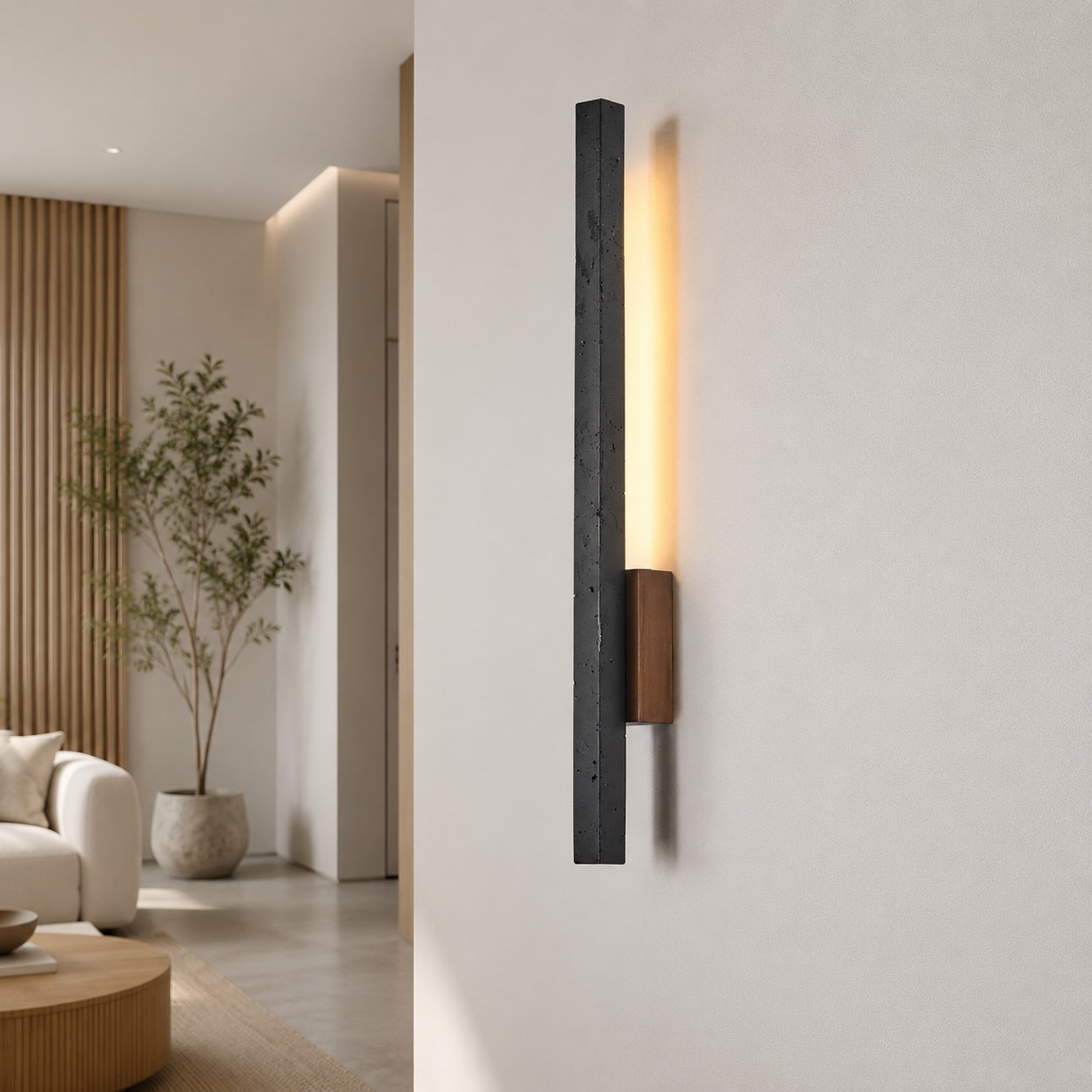 Linear Travertine And Wood LED Wall Light
