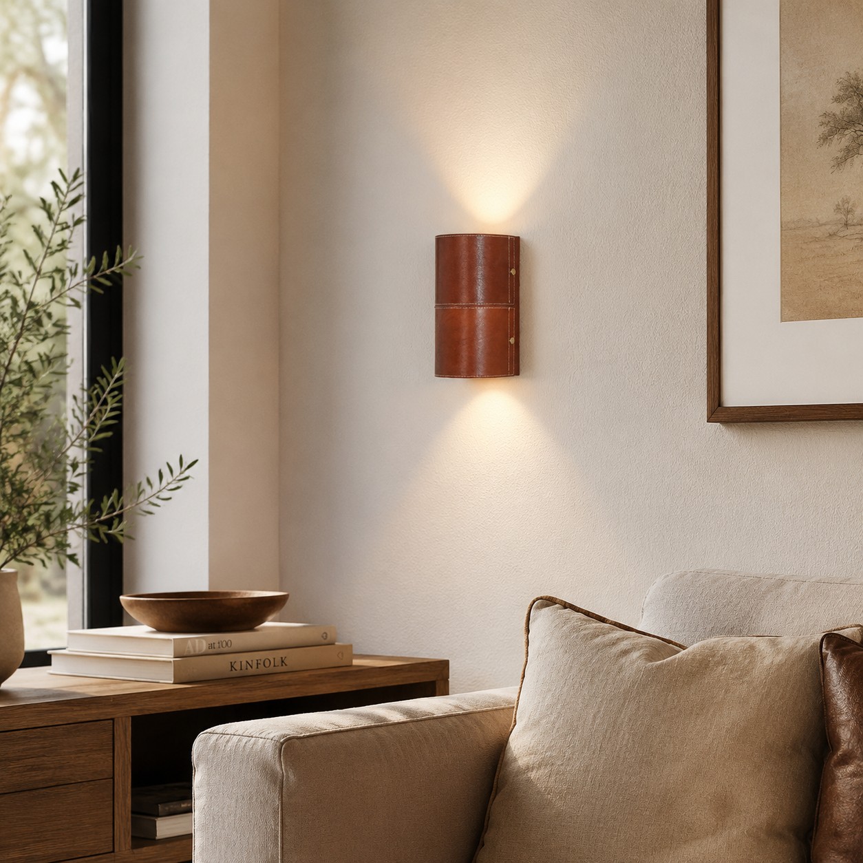 Brown leather wall sconce installed in a warm living room
