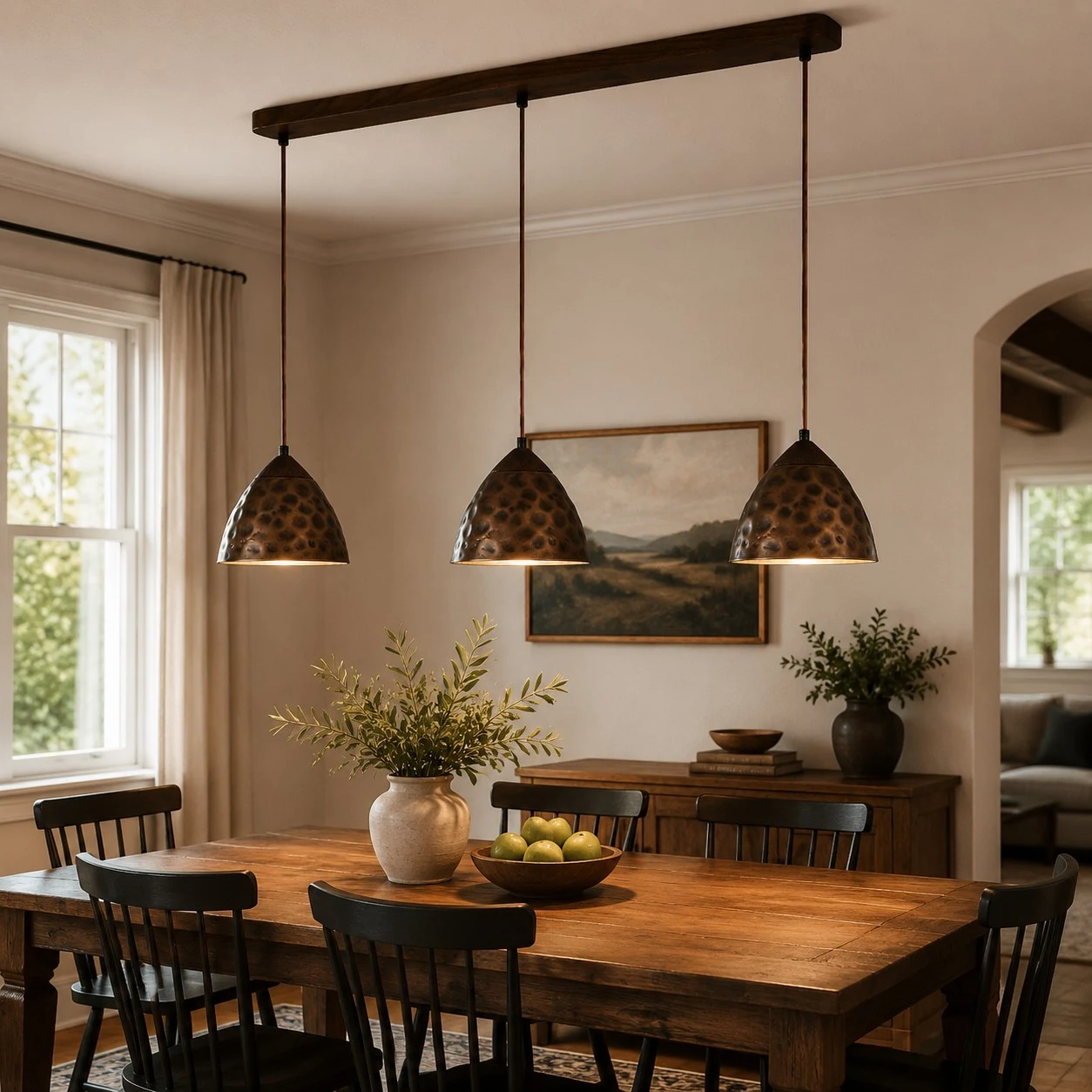 Three hammered copper pendant lights in a warm dining room