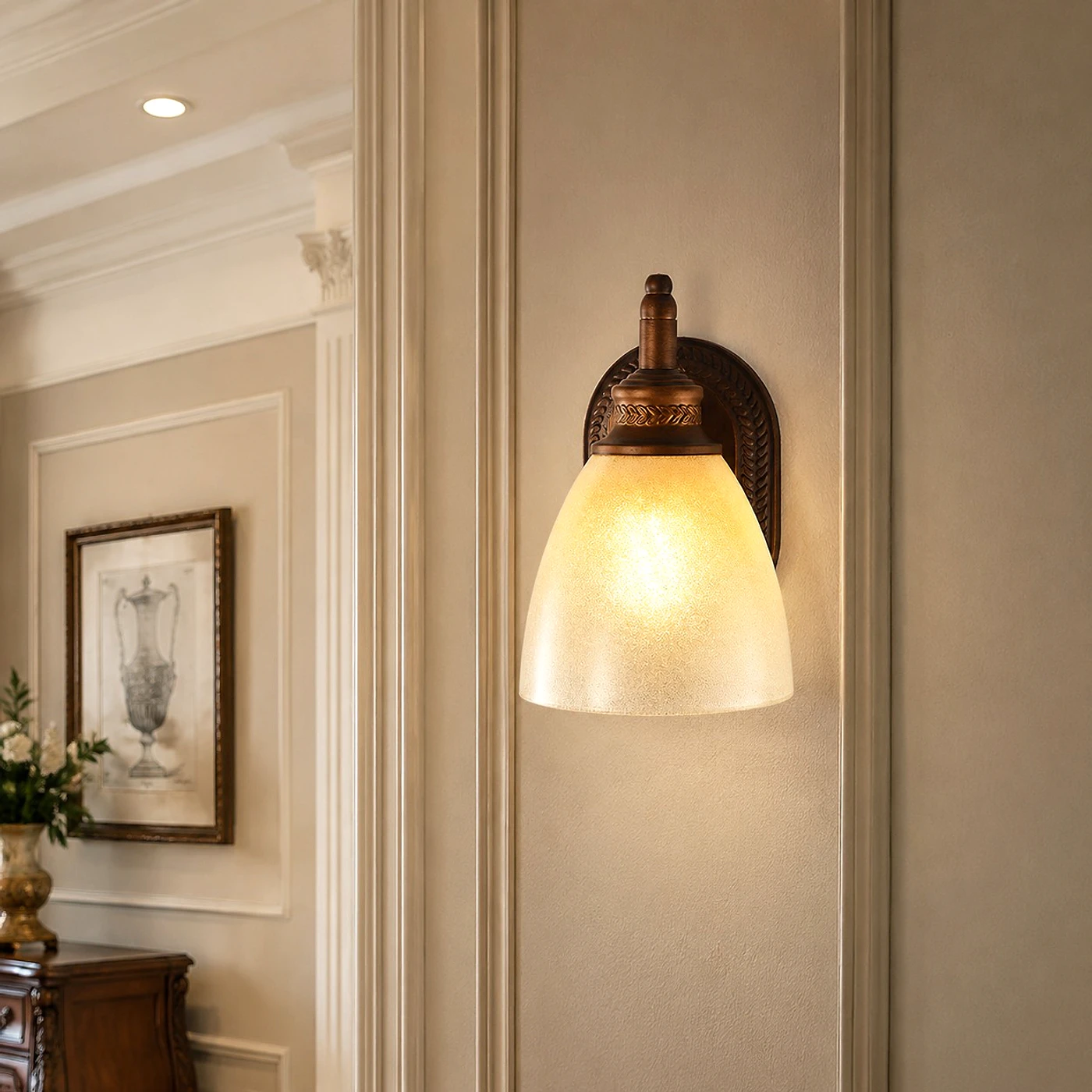 Antique bronze amber glass wall sconce