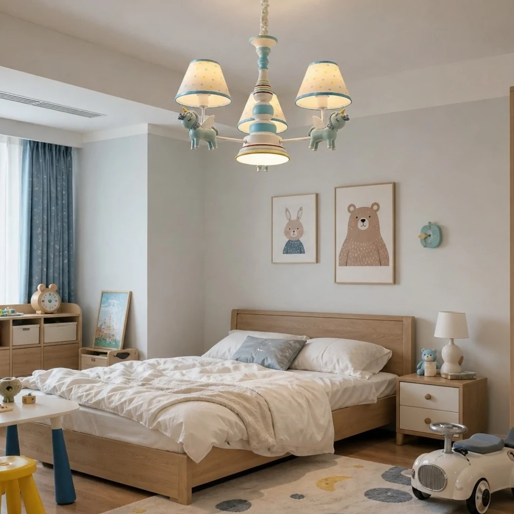 Fabric shade chandelier above a children bedroom space