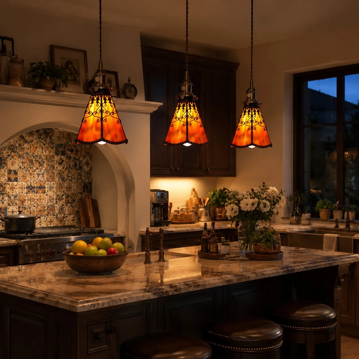 orange red pendant kitchen island scene