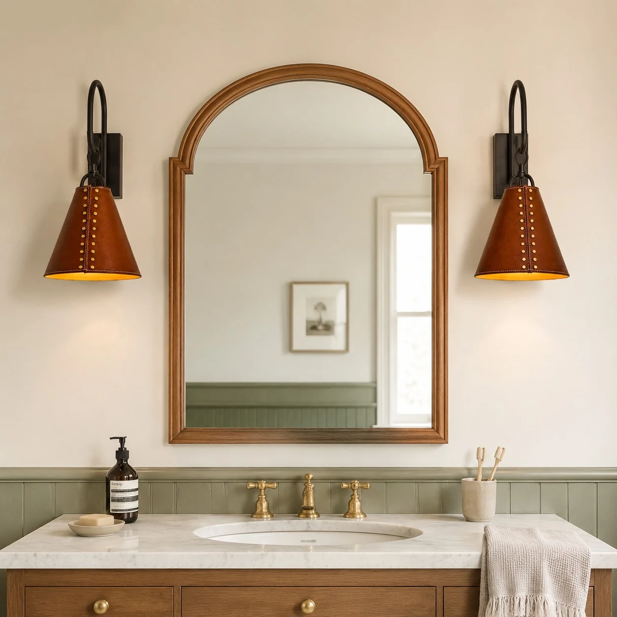 Pair of black and red leather wall sconces installed beside a bathroom mirror