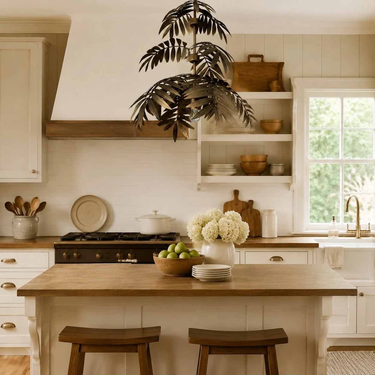 Antique bronze tiered palm leaf chandelier in a country kitchen