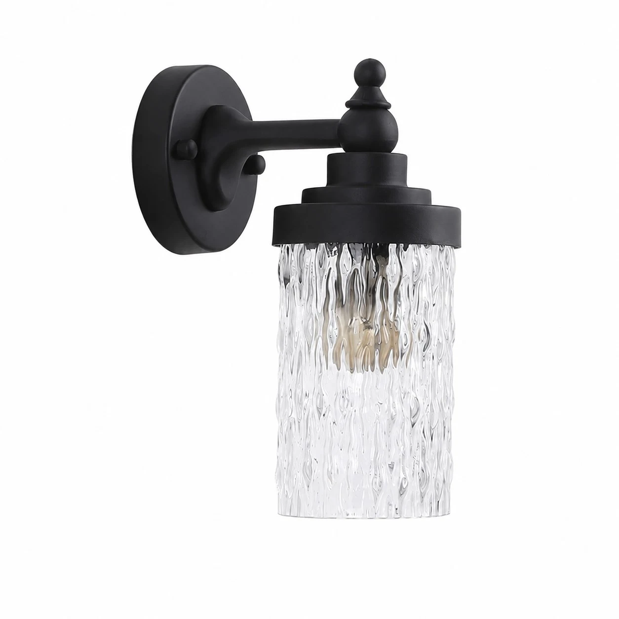 Black metal wall sconce with ribbed clear glass shade