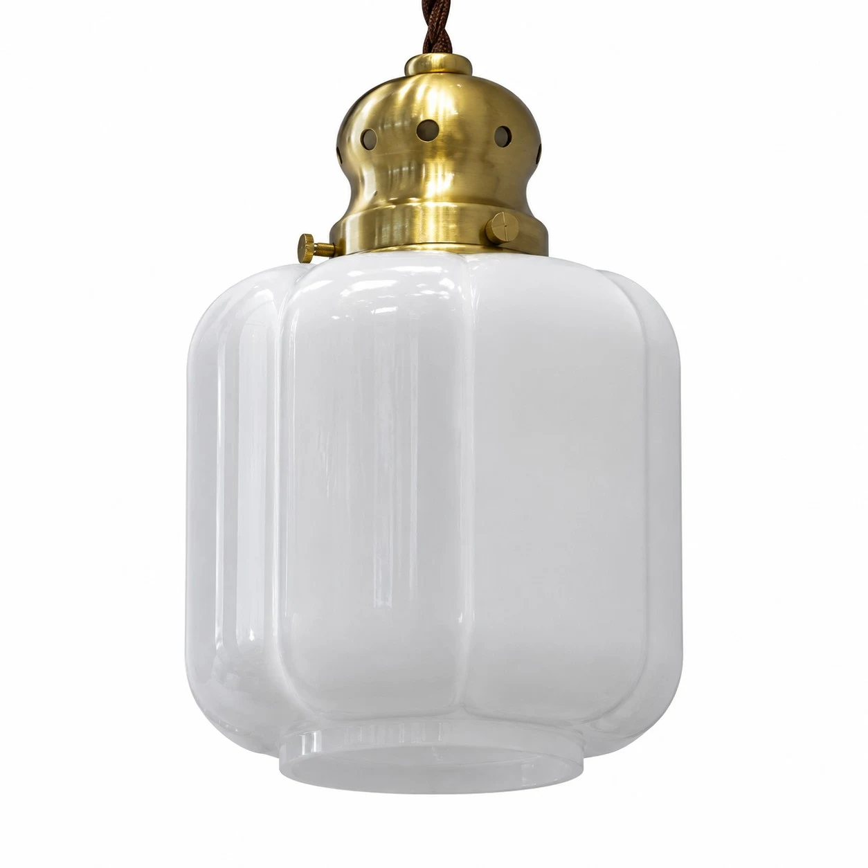 Angled view of vintage white glass pendant lamp shade