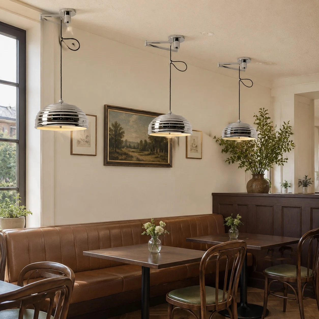 Three chrome dome pendant lights over booth seating
