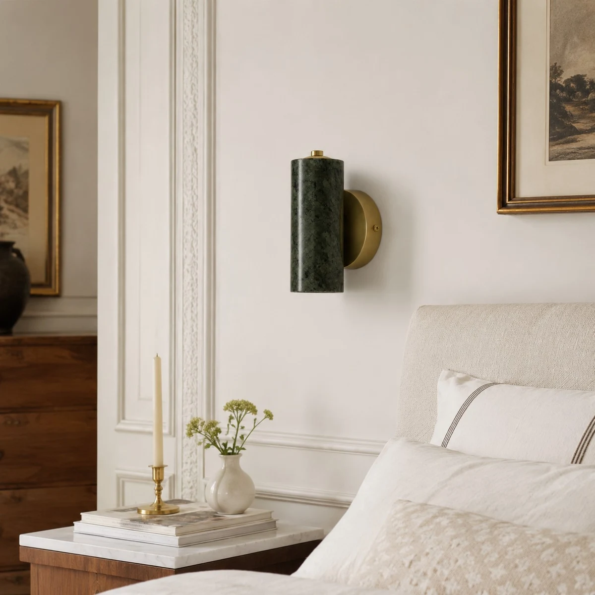 Green jade wall lamp in a calm bedroom scene