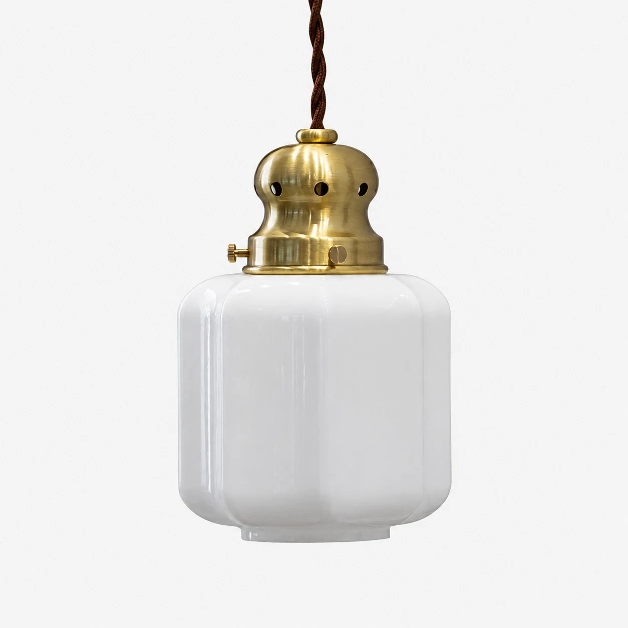 Style 1 vintage brass and white glass pendant lamp on white background