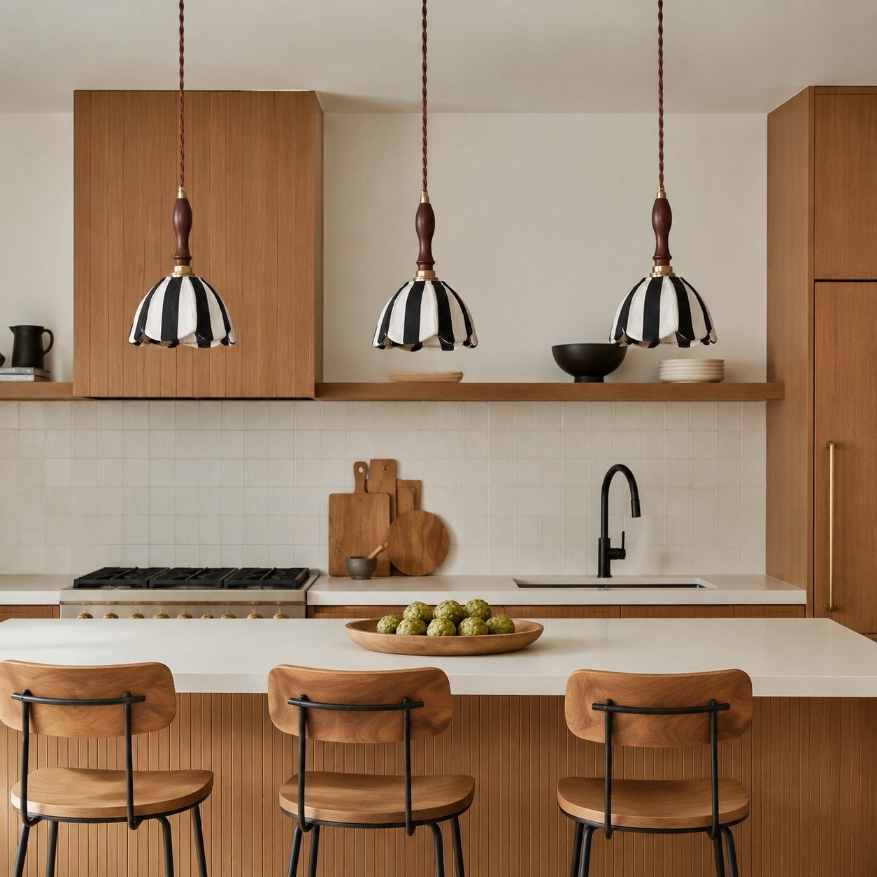 Three striped fabric pendant lamps above a warm wood kitchen island