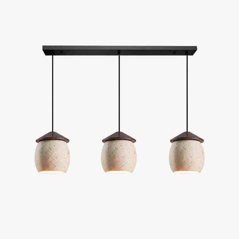 Three-light beige travertine linear pendant on white background