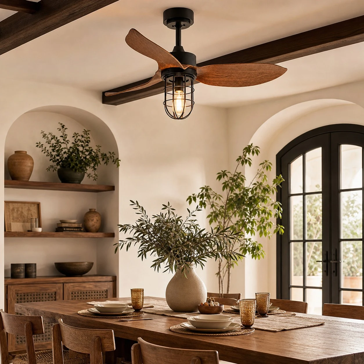 rustic fan light installed over a cafe style table
