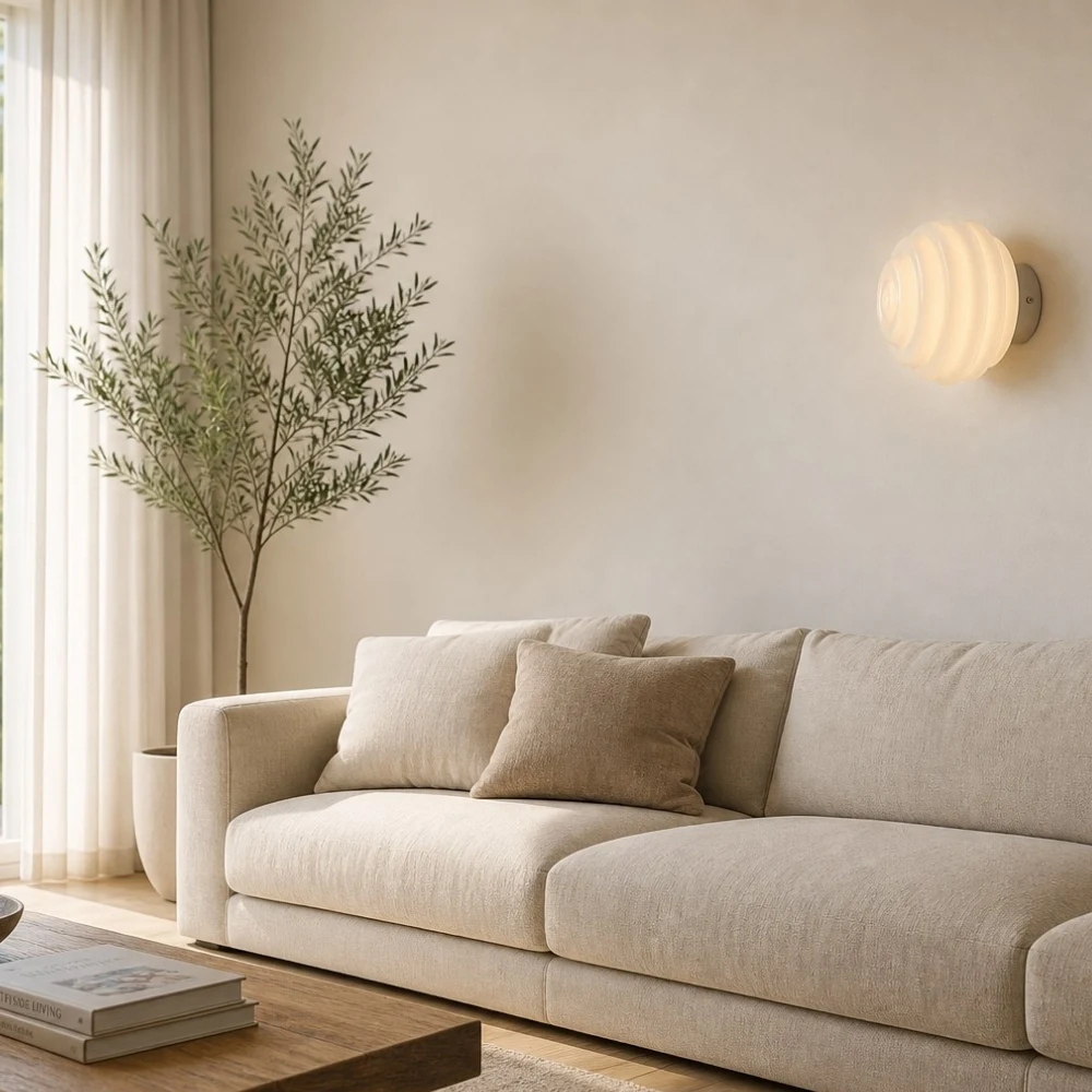 Cream ribbed glass wall sconce in a quiet living room