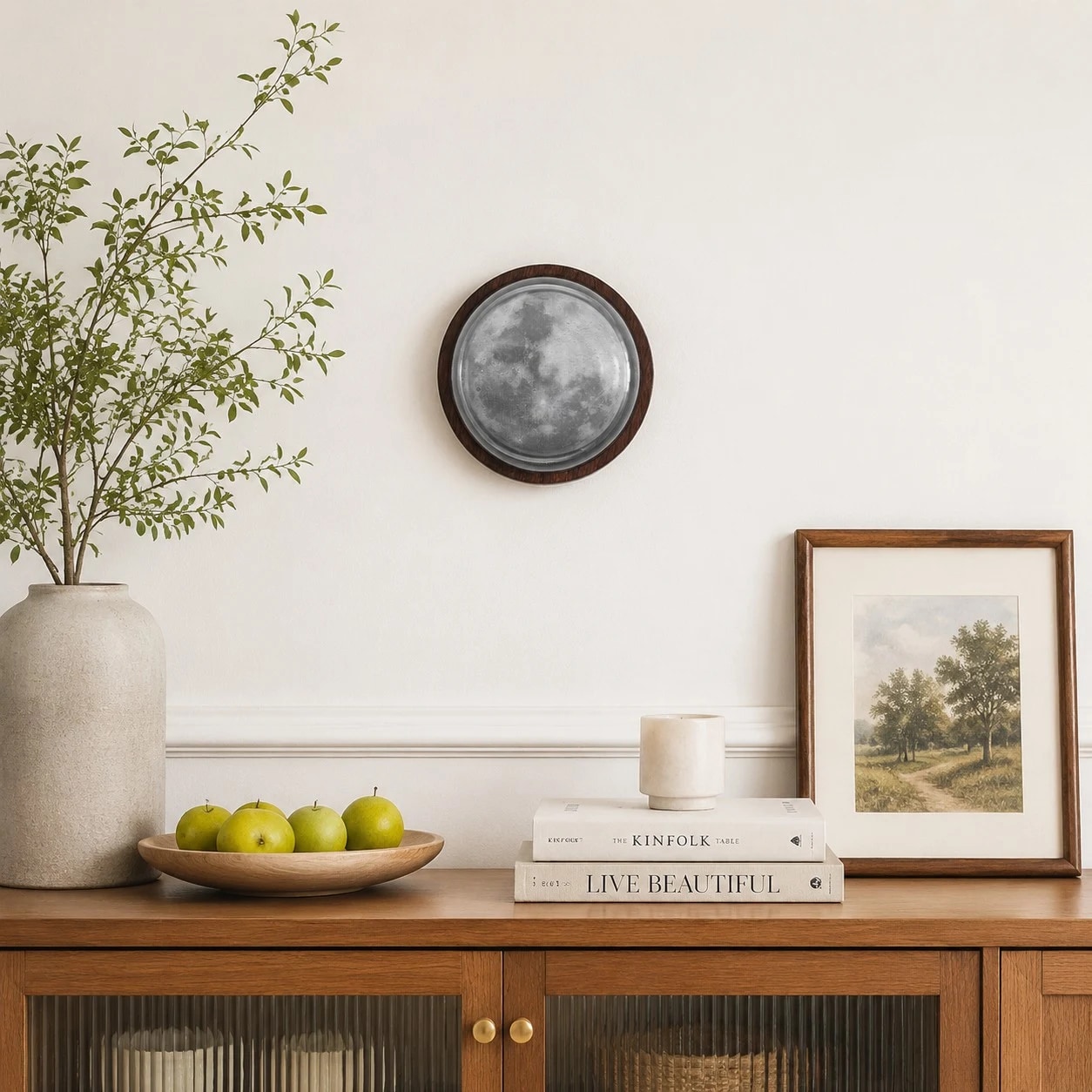 walnut moon wall light installation scene