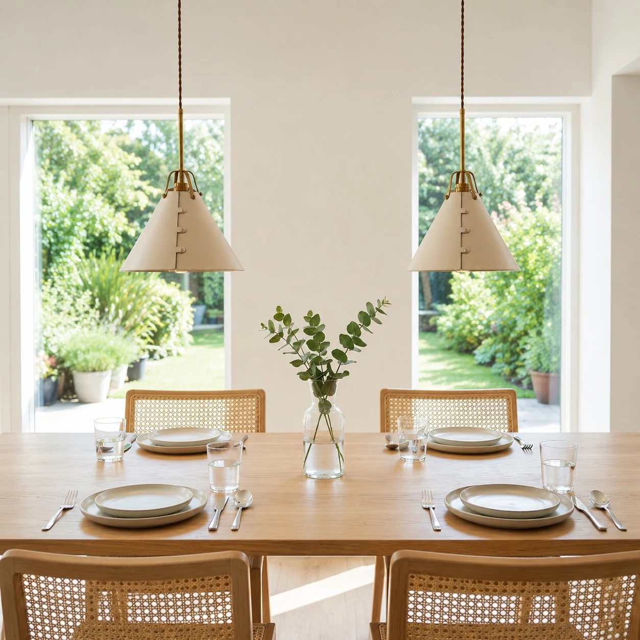 Leather pendant lights over a bright dining table