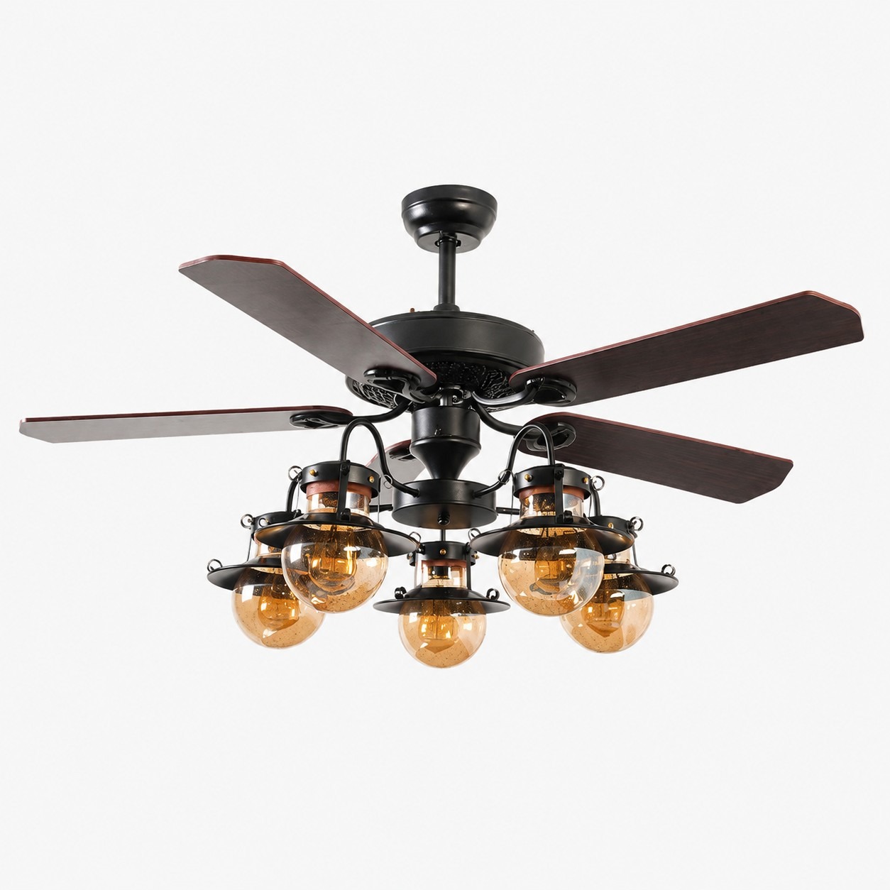 Wood blade amber globe five-light ceiling fan