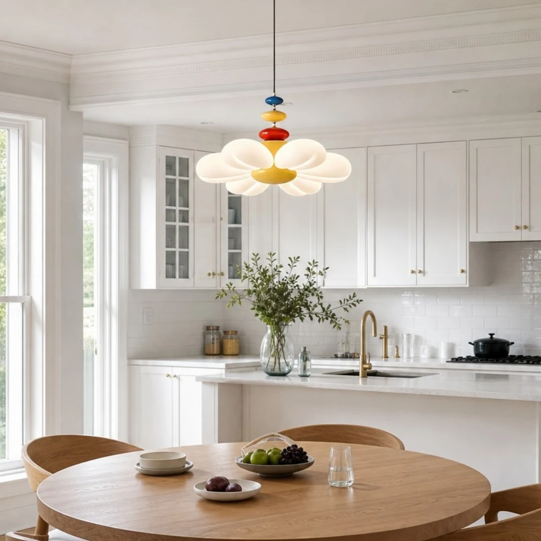 Flower pendant lamp in an open kitchen dining room