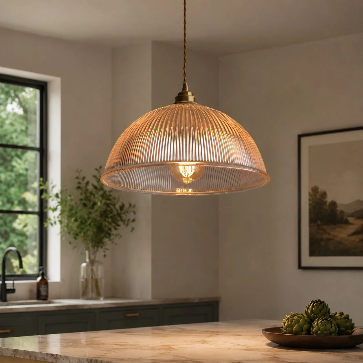 Clear ribbed glass pendant light glowing in a warm kitchen scene