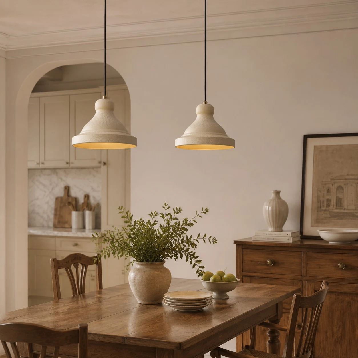 Beige metal pendant lamp above a dining table scene
