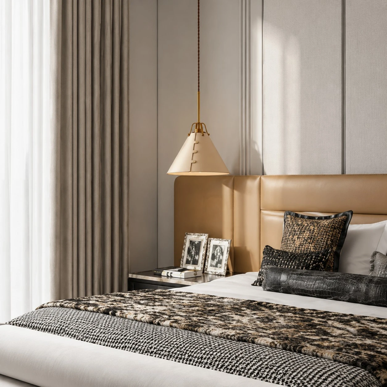 Leather pendant light in a warm bedroom setting