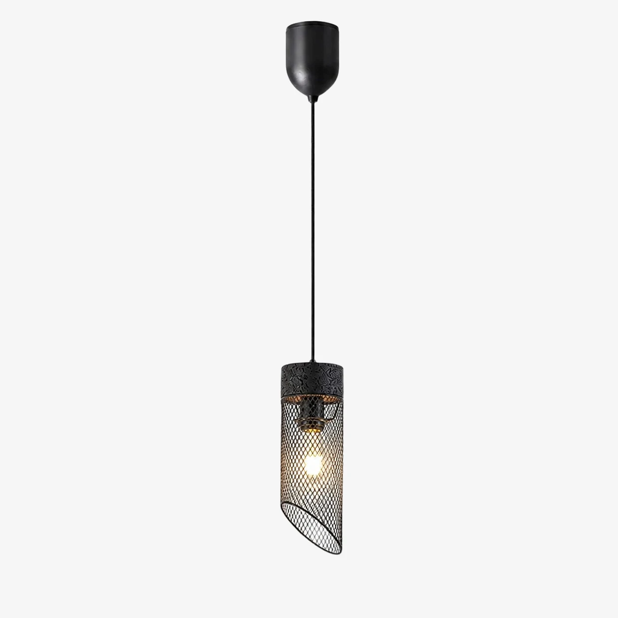 Black lifting pendant light with mesh shade and stone top