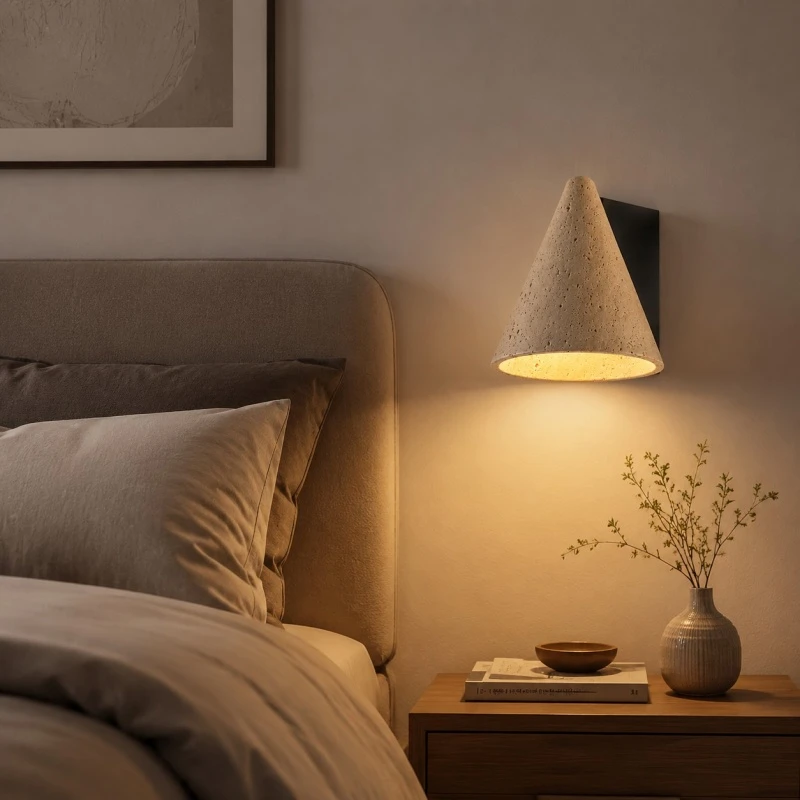 Bedroom nightstand scene with travertine wall sconce