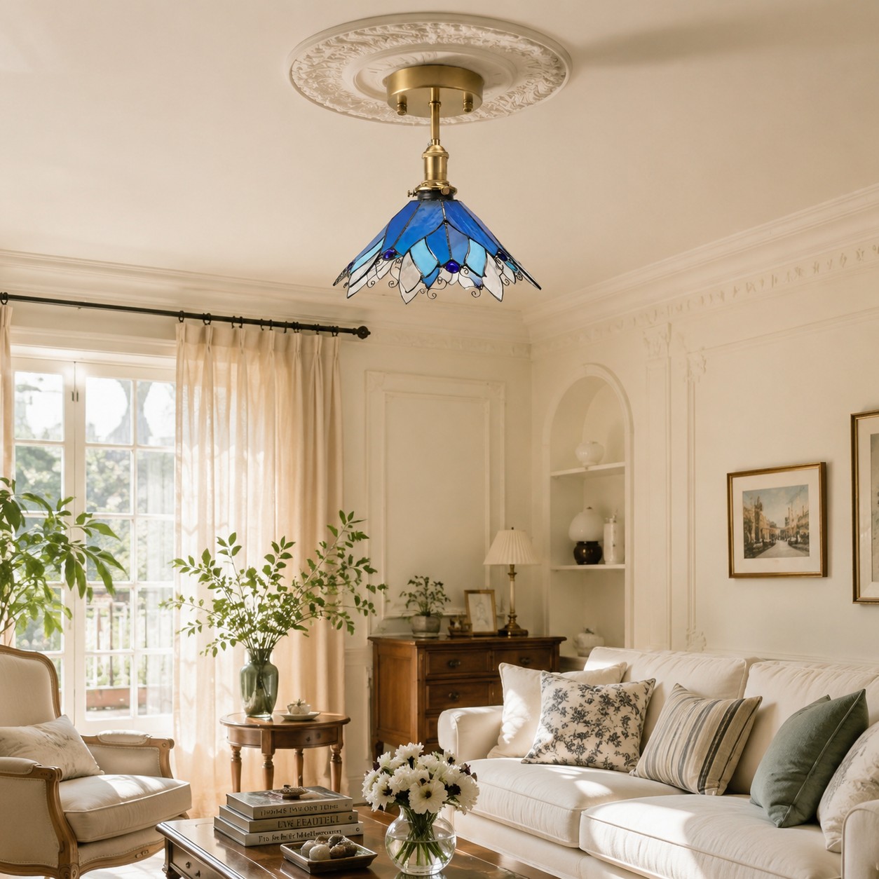 Blue Stained Glass Semi Flush Ceiling Light