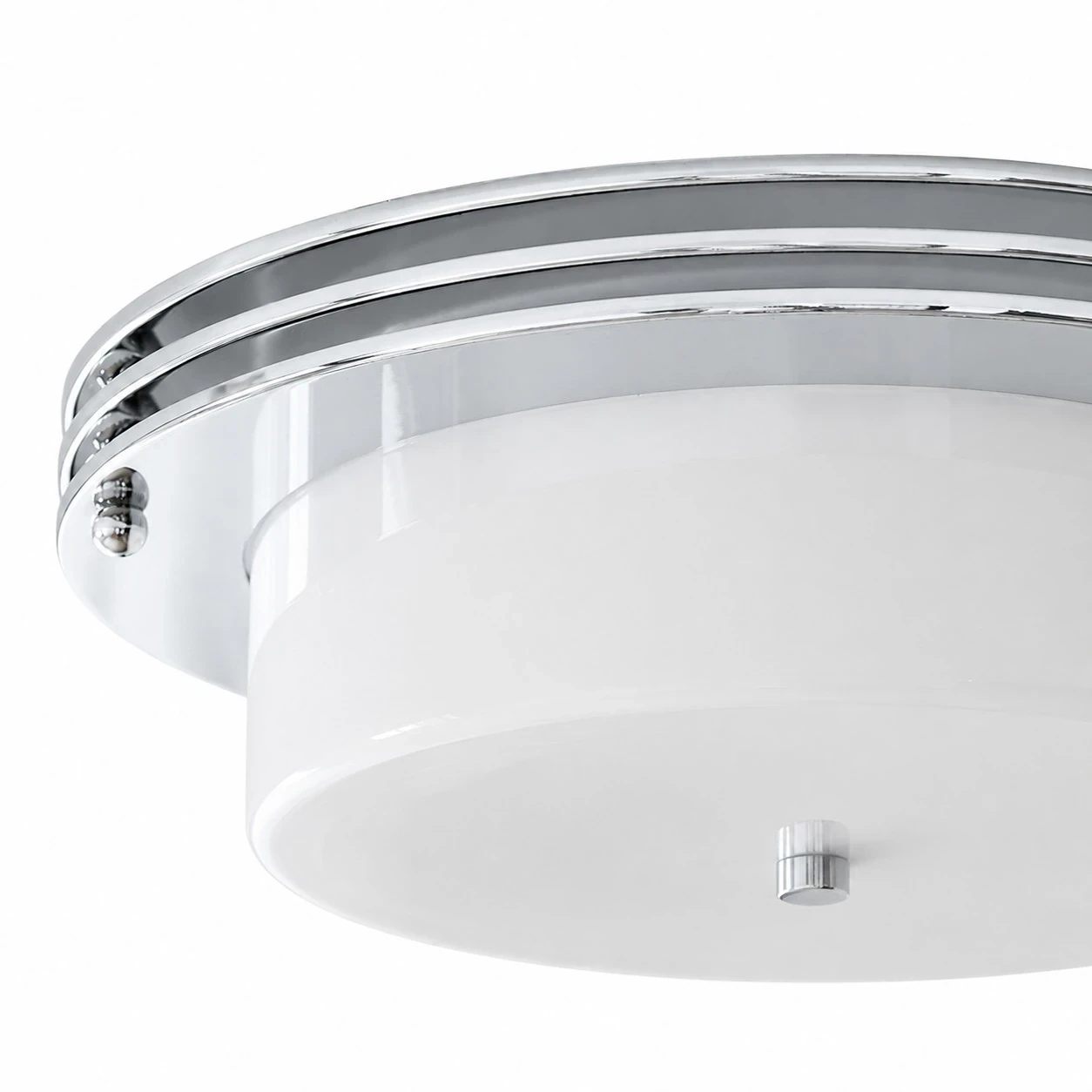 Polished chrome canopy and ring detail on milky white ceiling fixture
