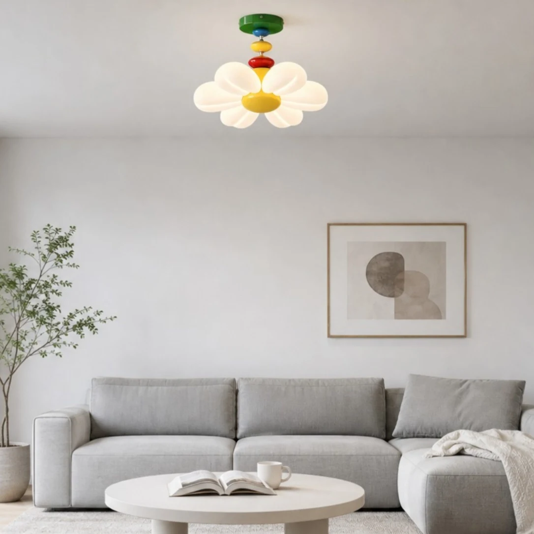 Flower lamp lighting a soft sofa area