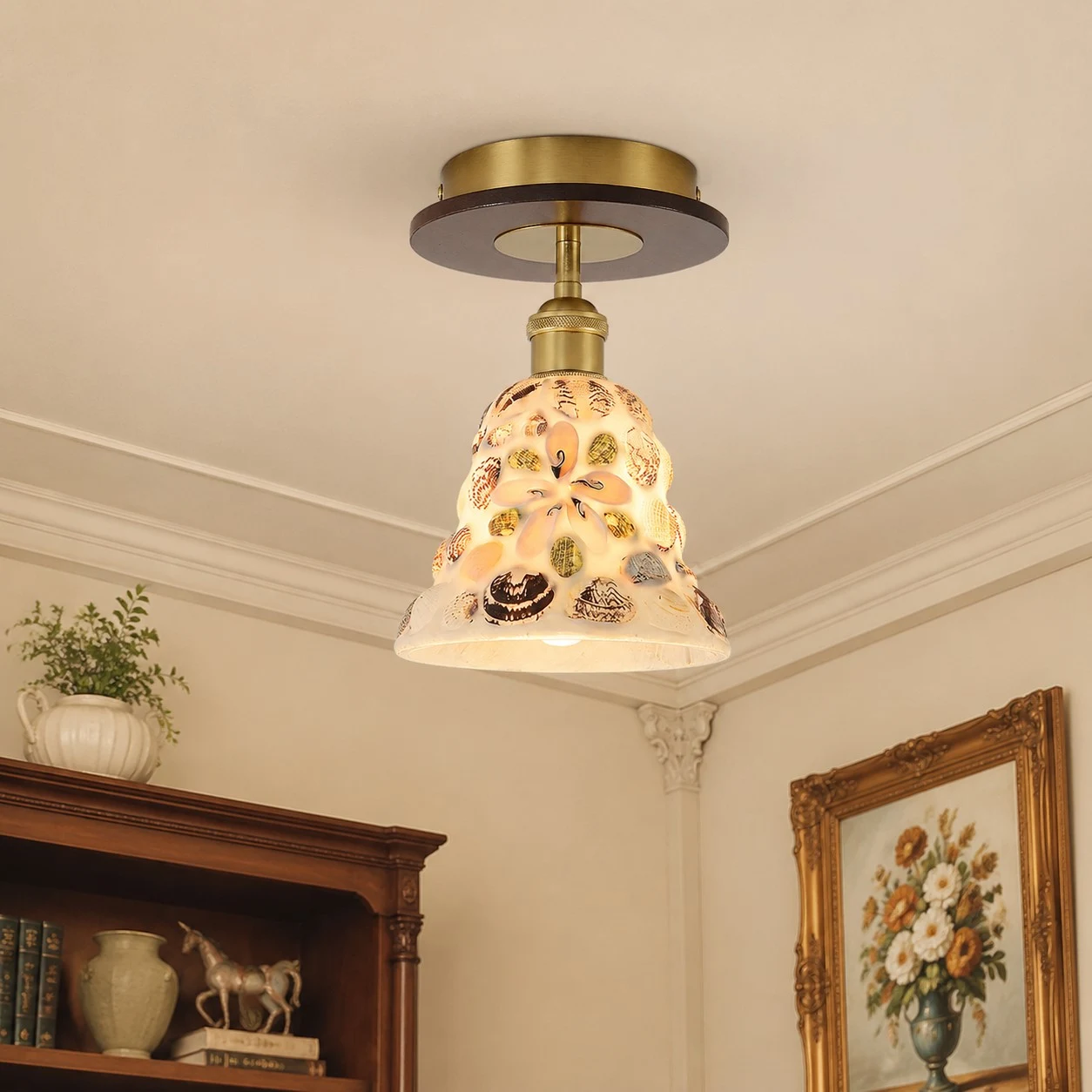 Shell glass ceiling light in a compact entryway scene
