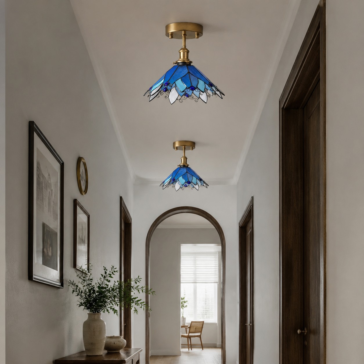 Blue Stained Glass Semi Flush Ceiling Light