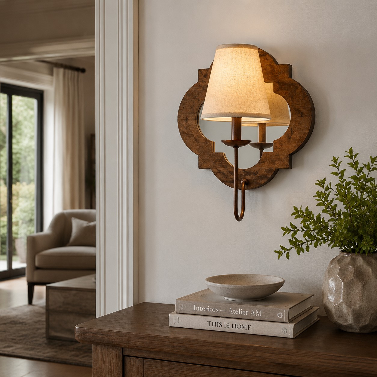 Antique Wood Wall Sconce With Fabric Shade