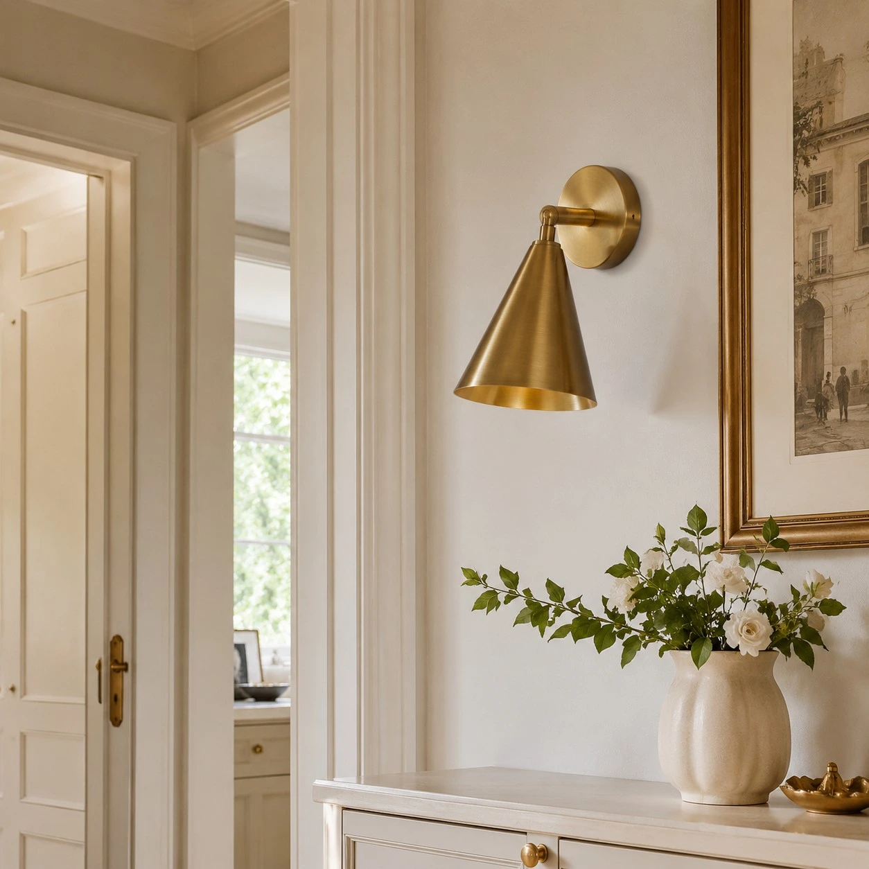 Natural brass wall light in a vintage entryway