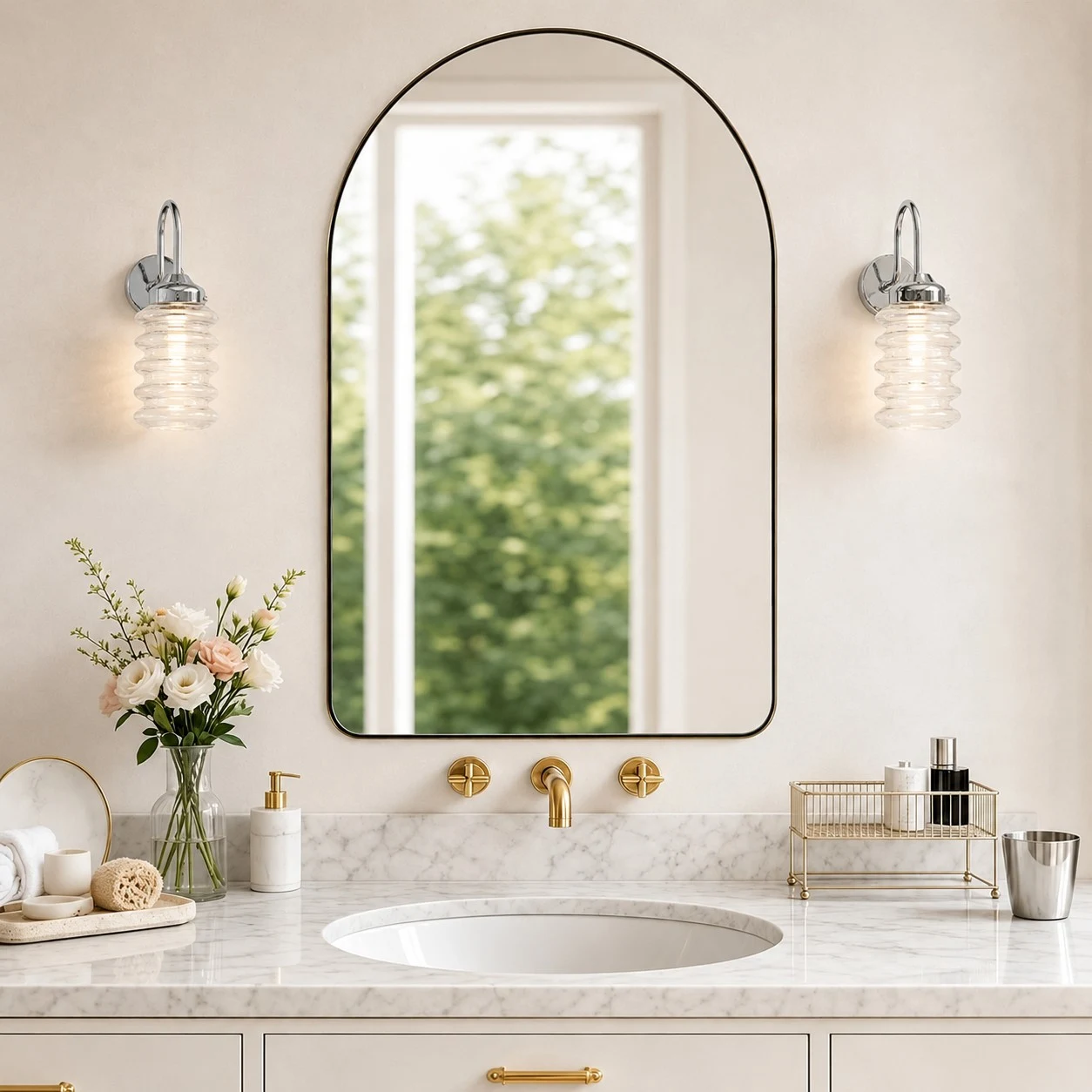 Pair of chrome ribbed glass wall sconces around an arched bathroom mirror