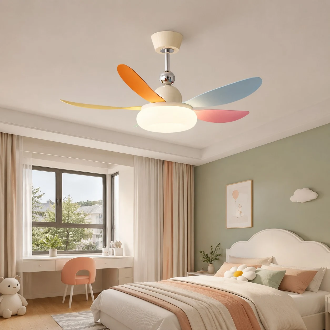 Ceiling fan lamp showing room scale in a bedroom