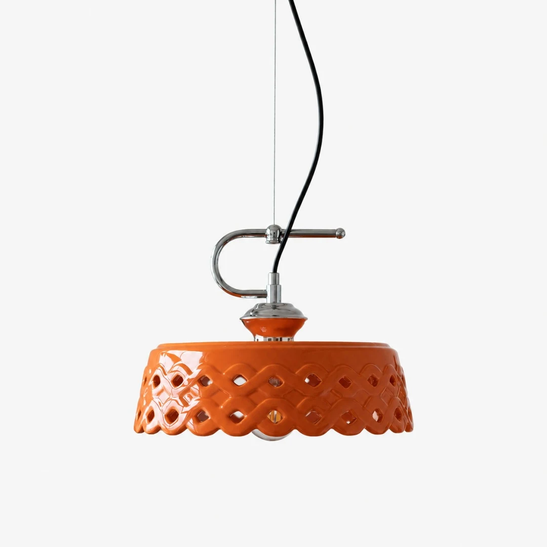Orange metal and ceramic pendant lamp full shade view
