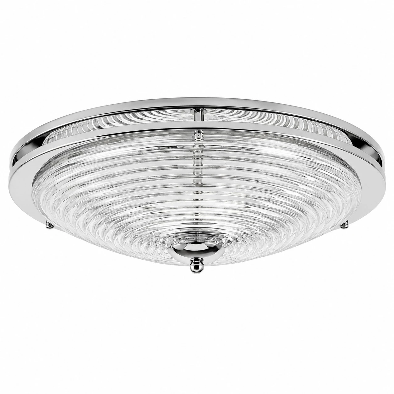 Bauhaus chrome rippled glass flush mount ceiling light on a white background