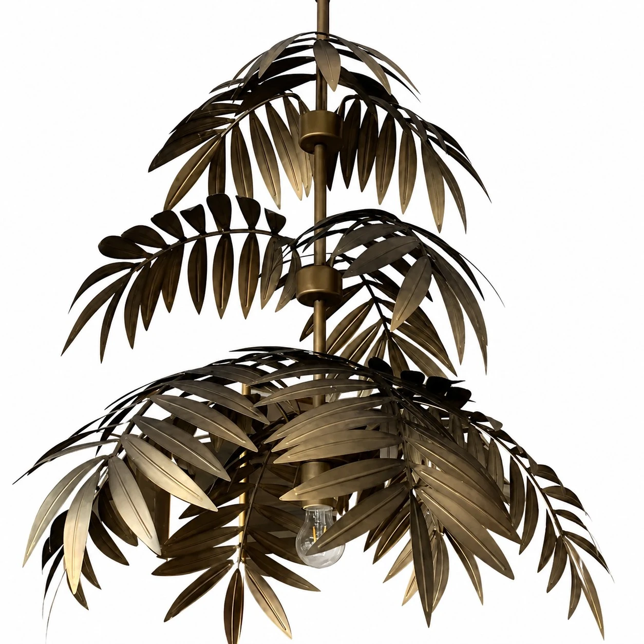 Three layer antique bronze palm leaf chandelier on a white background