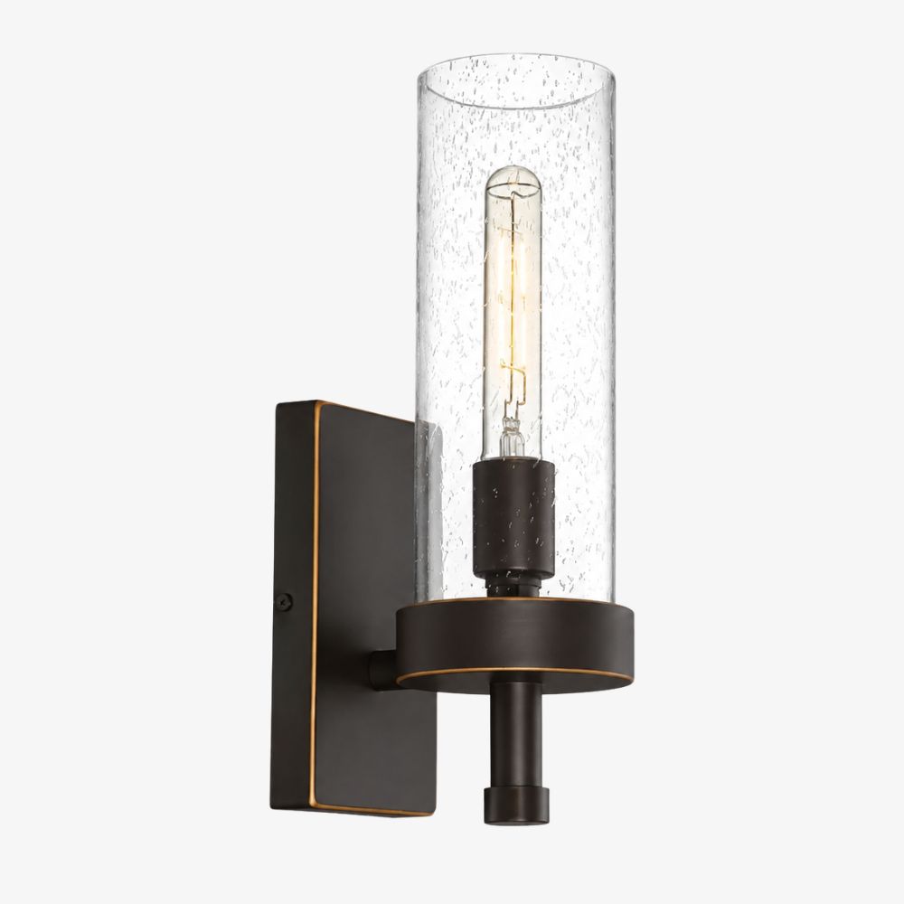 Seeded clear glass cylinder wall sconce with black finish