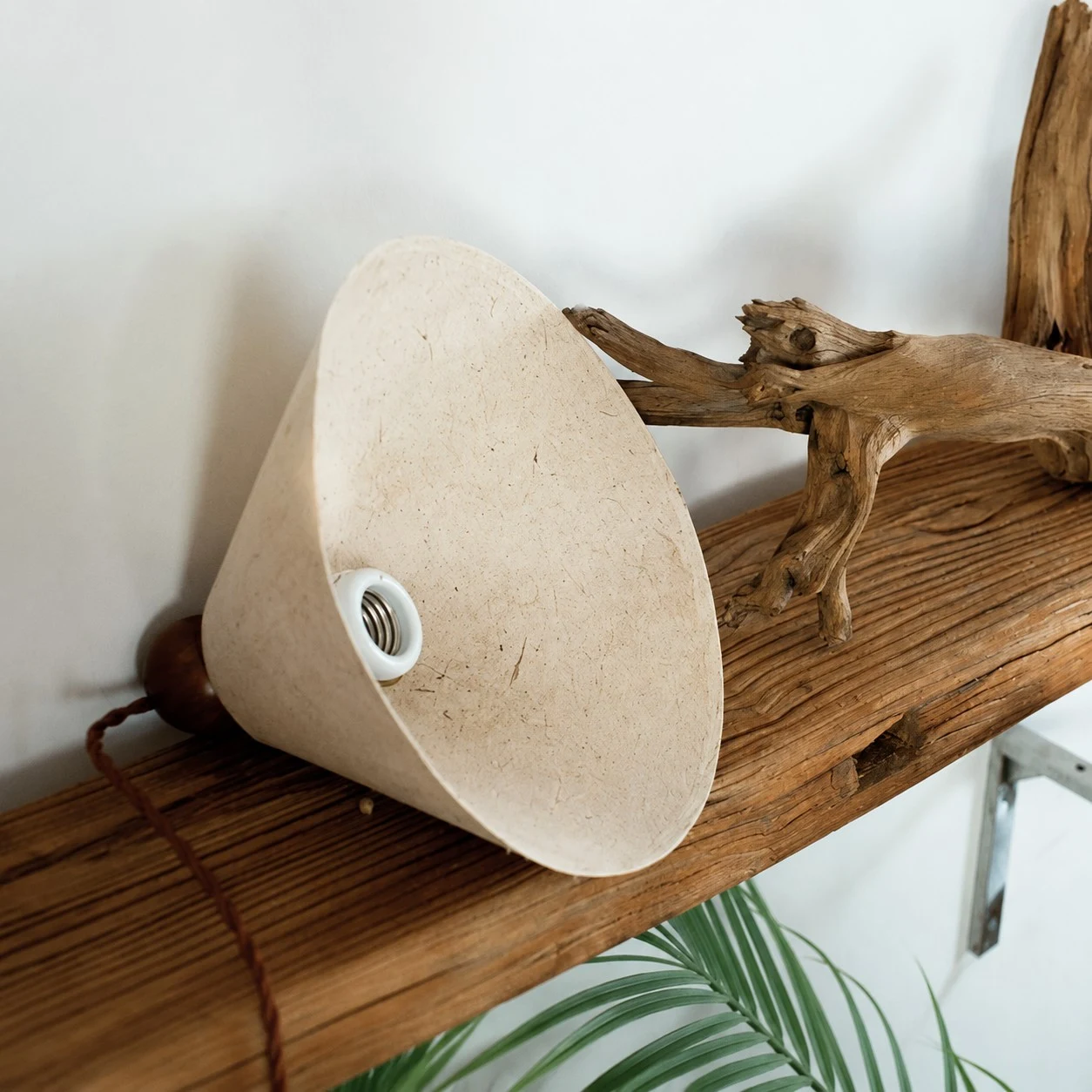 Natural paper pendant shade side view showing socket