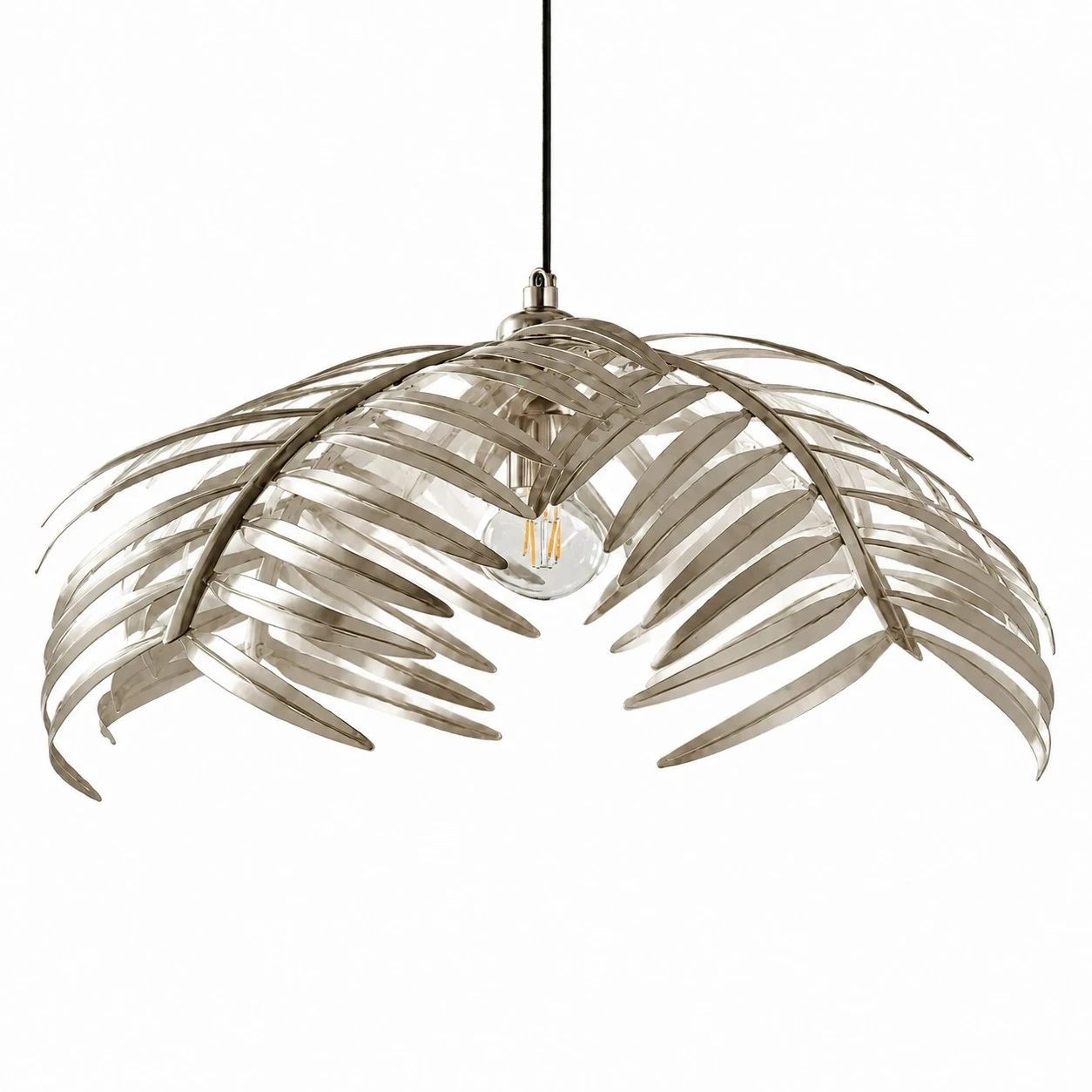 Single layer silver palm leaf chandelier on a white background