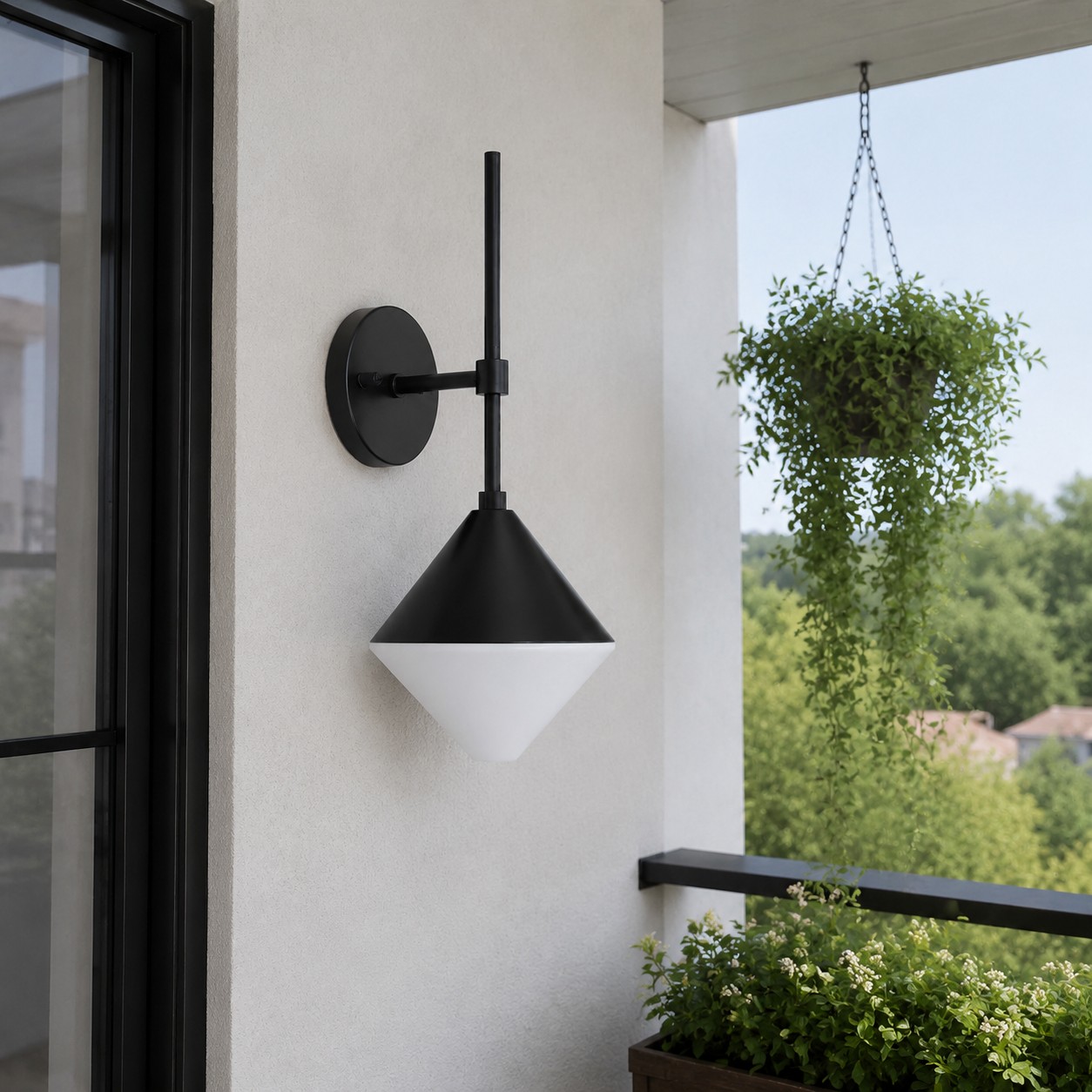 black and white waterproof wall sconce beside an outdoor patio railing