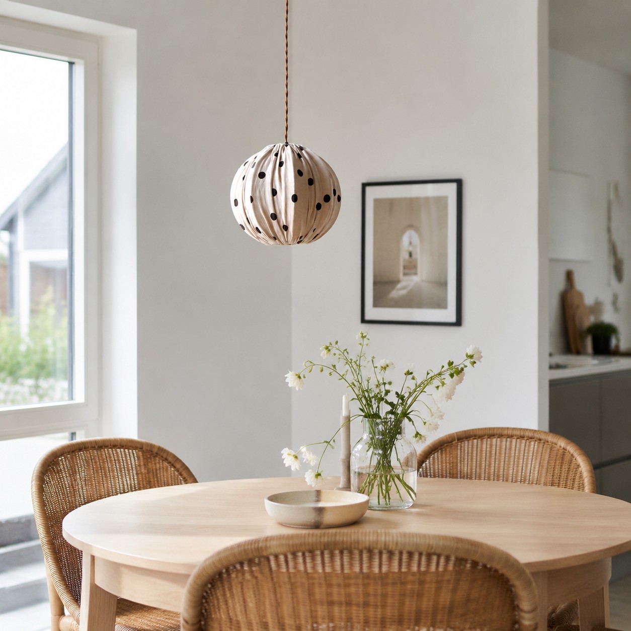 Single cream polka dot pendant above a dining table