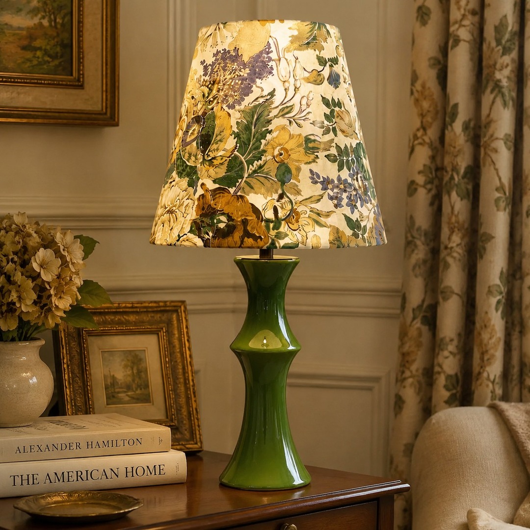 Beige floral table lamp in a classic bedside setting