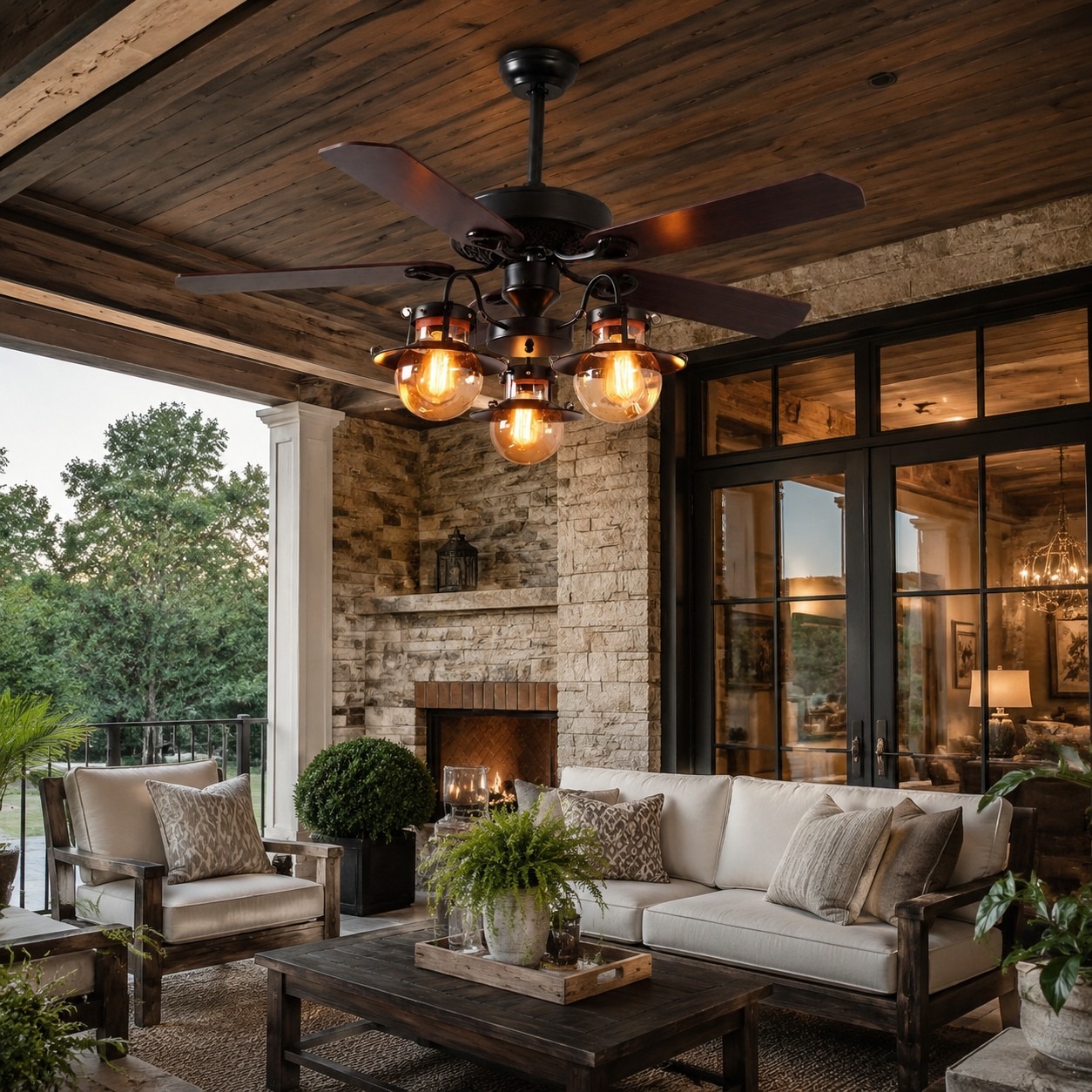 Vintage ceiling fan light installed on a covered patio