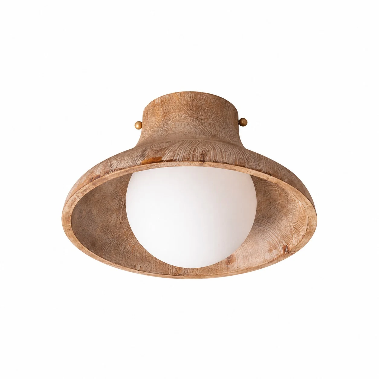 Natural wood flush ceiling light on white background