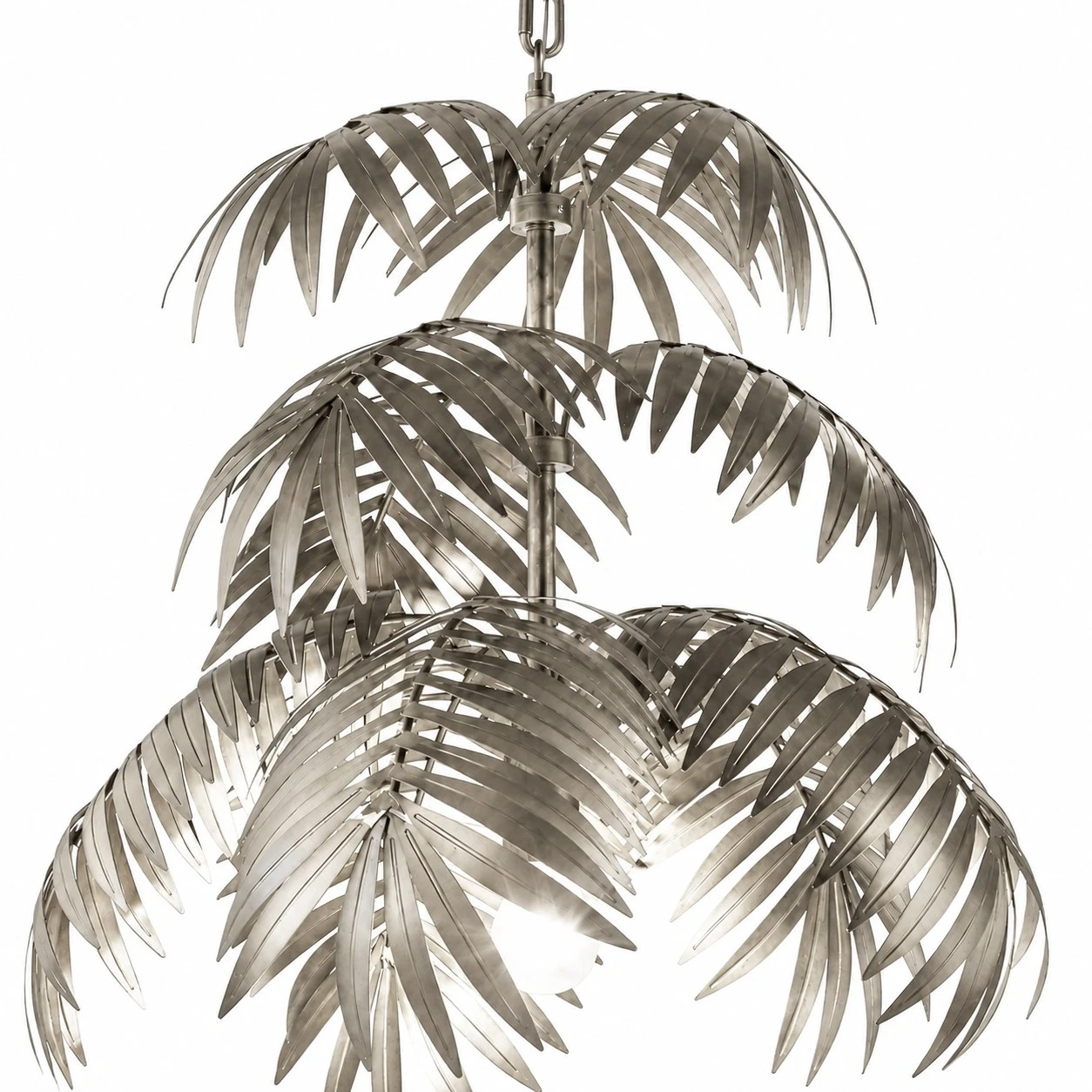 Three layer silver palm leaf chandelier on a white background