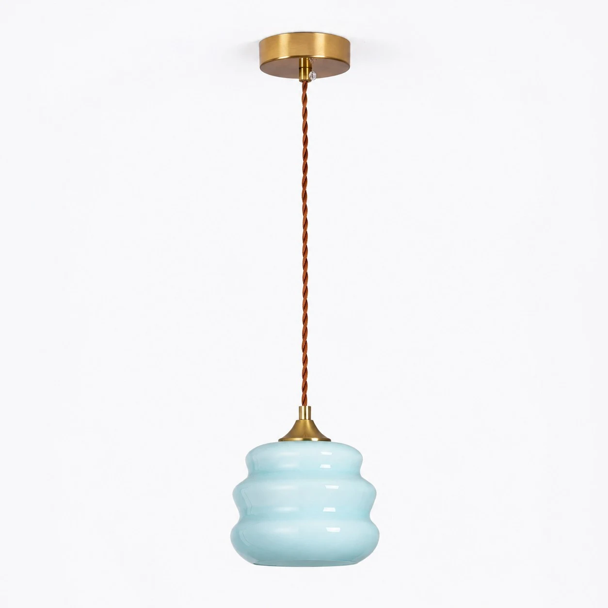 Blue ribbed glass pendant light full view