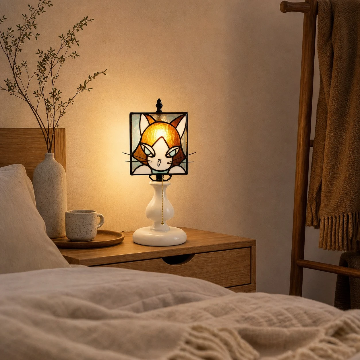 Cat stained glass table lamp glowing on a bedside table