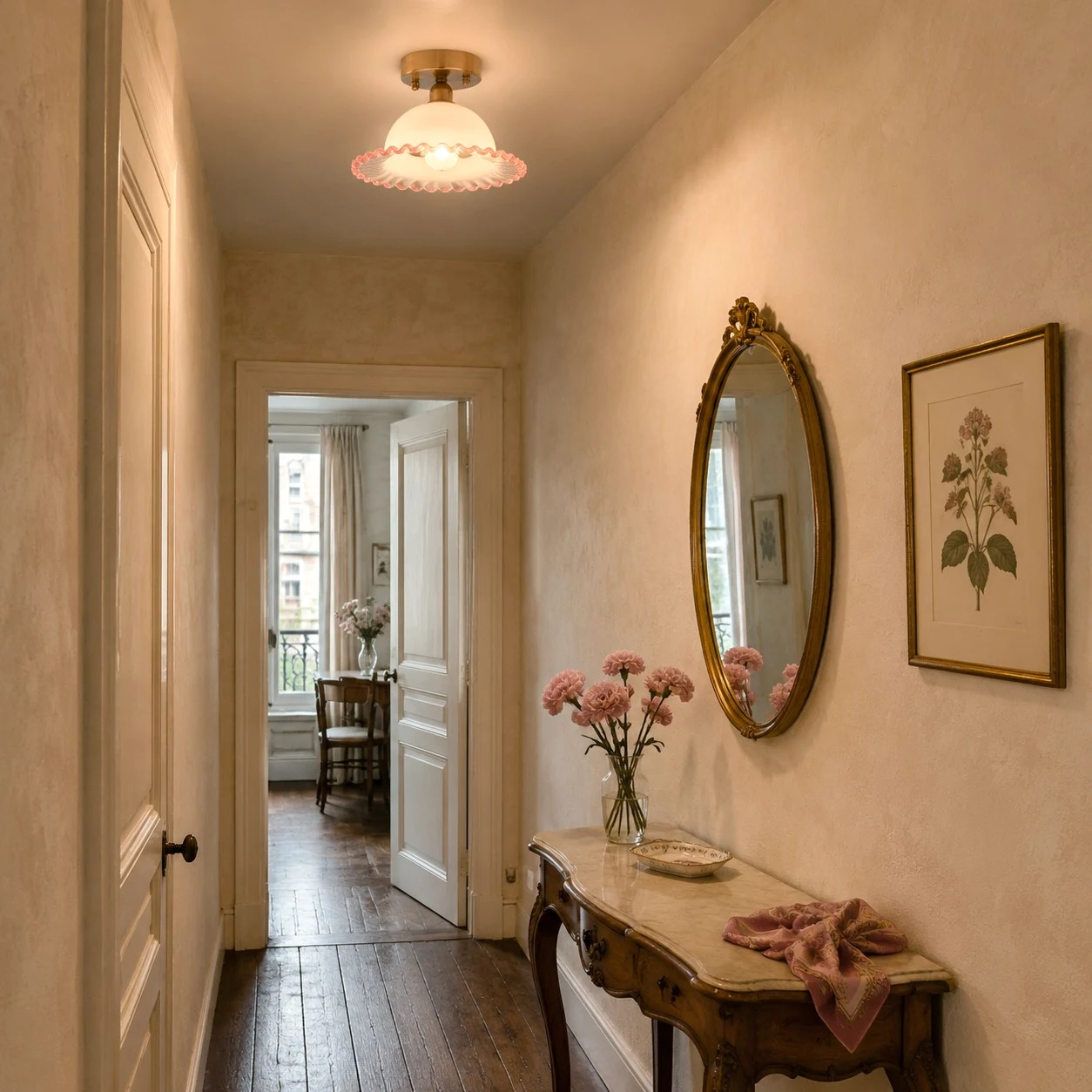 ruffled glass flush mount ceiling light in a narrow hallway